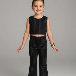girls black striped denim co ord set