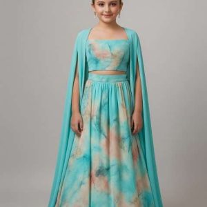 girls sky blue floral print georgette lehenga set