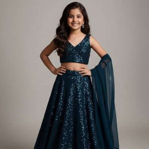 girls blue embellished net lehenga set