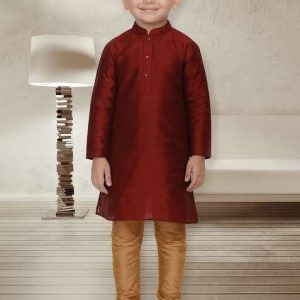 maroon embroidery silk kurta with bottom for boys