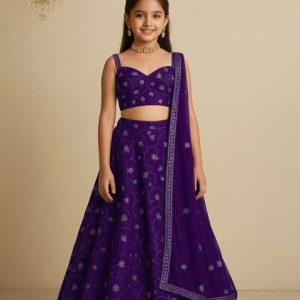 girls purple embroidered organza lehenga set