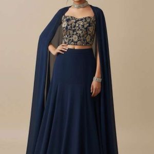 girls navy blue embroidered georgette lehenga set