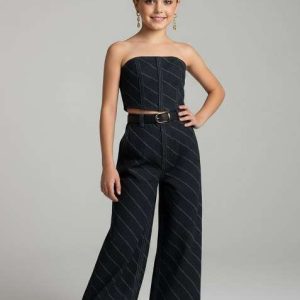 girls blue patchwork cotton denim corset blouse co ord set