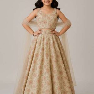 girls beige floral print organza lehenga set