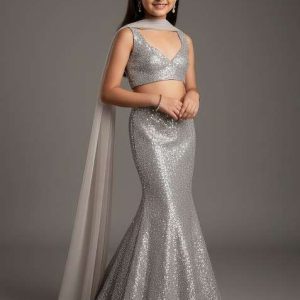 girls silver embellished net lehenga set