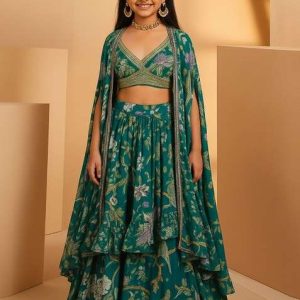 girls forest green floral print satin georgette lehenga set