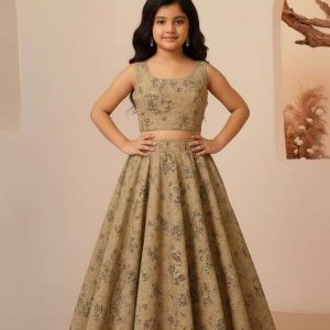 girls brown embroidered cotton lehenga set