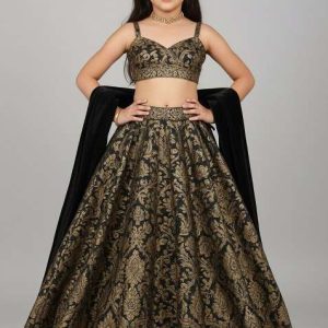 girls black brocade lehenga set