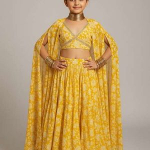girls yellow floral print satin georgette lehenga set