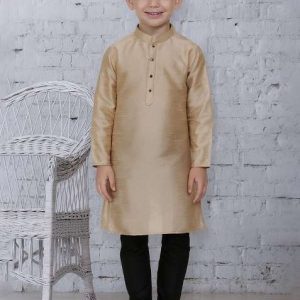 fawn button work silk kurta with bottom for boys
