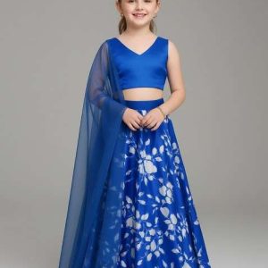 girls blue floral print satin lehenga set