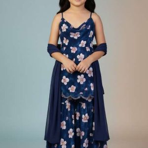 girls dark blue floral print satin fusion set