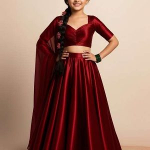 girls maroon solid organza lehenga set