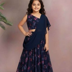 girls blue floral print chiffon lehenga set