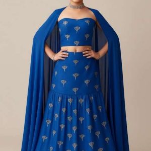 girls blue embroidered chanderi lehenga set