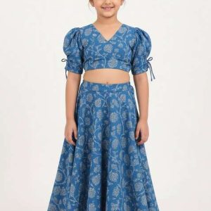 girls blue floral print rayon lehenga set