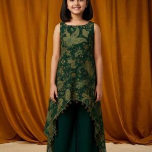 girls green embroidered crepe fusion set