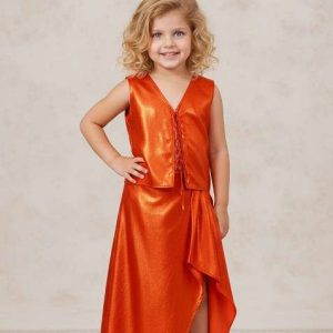 girls red foil print satin fusion set