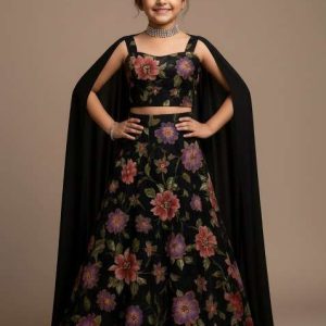 girls black floral print organza lehenga set