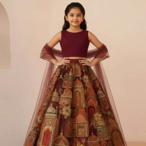girls rust embroidered crepe lehenga set