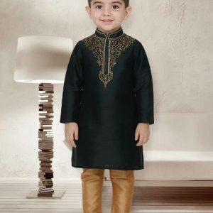 bottle green embroidery silk kurta with bottom for boys