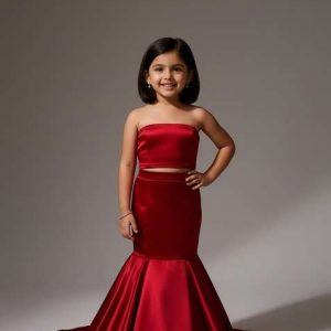 girls red solid satin lehenga set