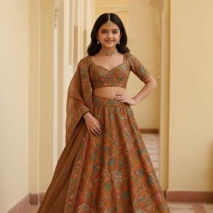 girls yellow brocade lehenga set