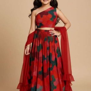 girls red abstract print lehenga set