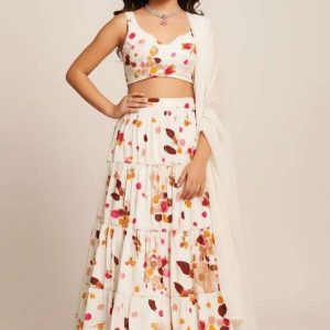 girls off white floral print satin lehenga set
