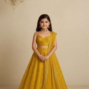 girls yellow embroidered organza lehenga set