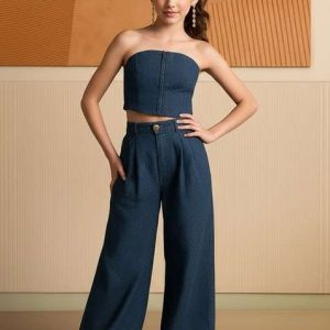 girls sky blue solid denim corset blouse co ord set