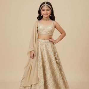 girls beige brocade lehenga set