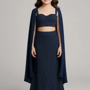 girls navy weaving knit lehenga set