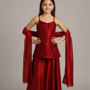 girls red solid organza sharara set