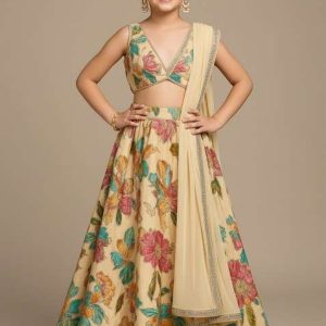 girls cream embroidered organza lehenga set