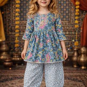 light blue printed cotton kurta set for girls