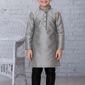grey embroidery silk kurta with bottom for boys