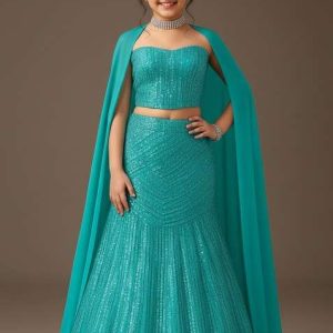 girls powder blue sequin net lehenga set