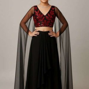 girls black and red embroidered georgette fusion set