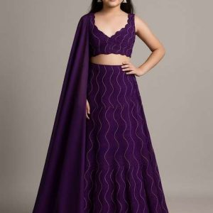 girls purple embellished organza lehenga set