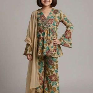 girls cream embroidered organza sharara set