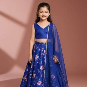 girls purple floral print satin lehenga set