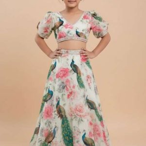 girls multicolor peacock print chinon lehenga set