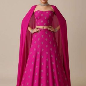 girls rani pink embroidered chanderi lehenga set