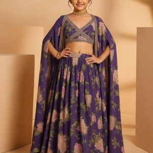 girls purple floral print satin georgette lehenga set