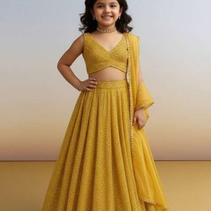 girls yellow sequin georgette lehenga set