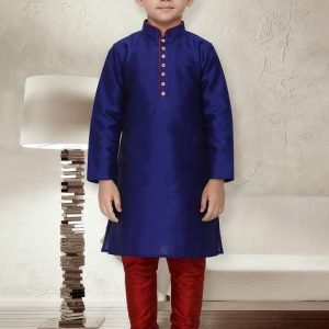 royal blue button work silk kurta with bottom for boys
