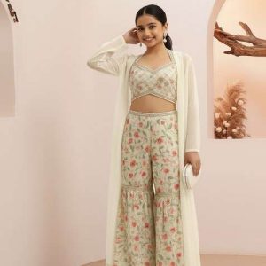 girls white floral print organza fusion set