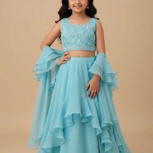 girls sky blue sequin chinon lehenga set