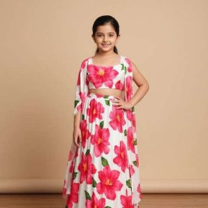 girls white floral print satin georgette lehenga set